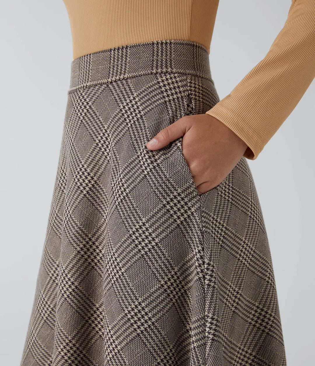 High Waisted Pocket Houndstooth Plaid Flare Midi Casual Skirt