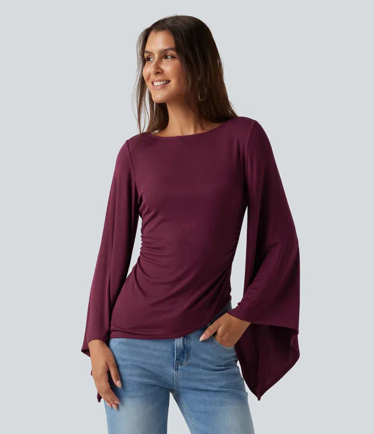 Ribbed Boat Neck Asymmetric Flounce Long Sleeve Ruched Casual Top