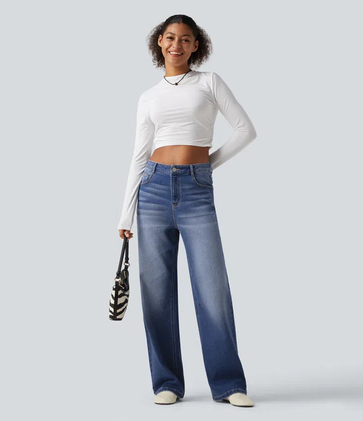 High Waisted Straight Leg Casual Jeans with Pockets