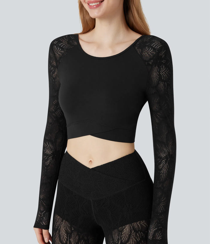 SoftlyZero Contrast Lace Crossover Hem Long Sleeve Cropped Yoga Sports Top