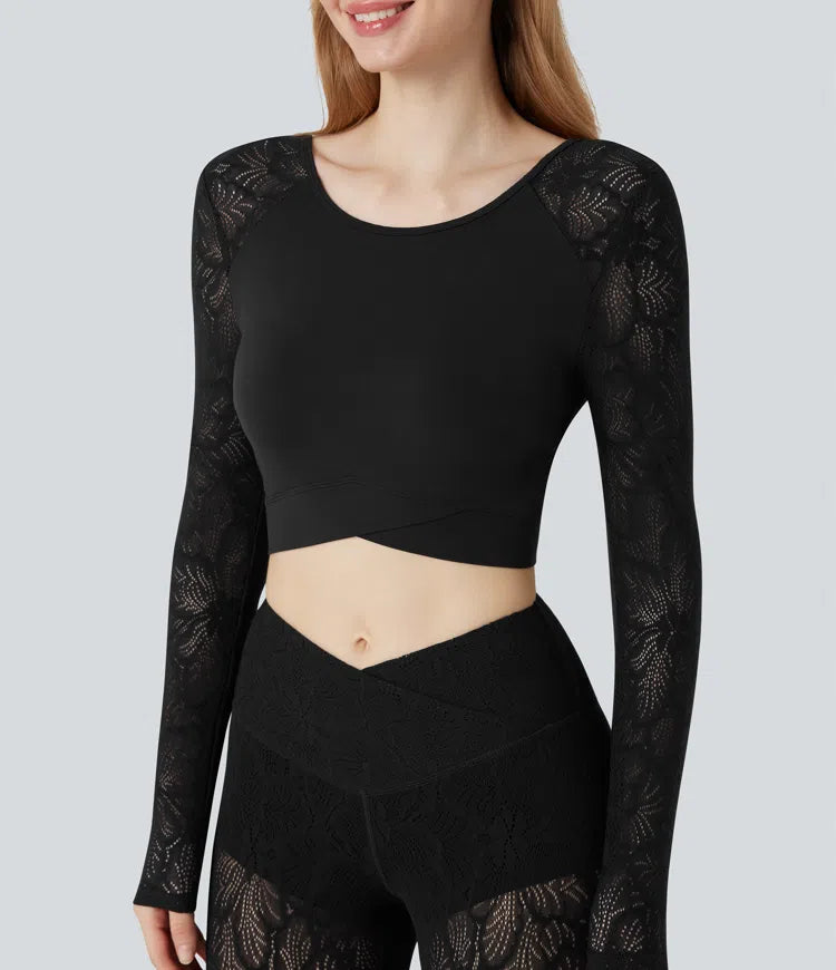 SoftlyZero Contrast Lace Crossover Hem Long Sleeve Cropped Yoga Sports Top
