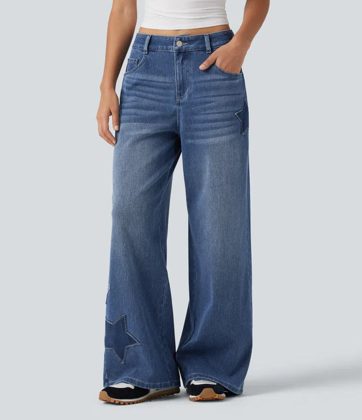 Halara Flex High Waisted Baggy Embroidery Casual Jeans with Pockets