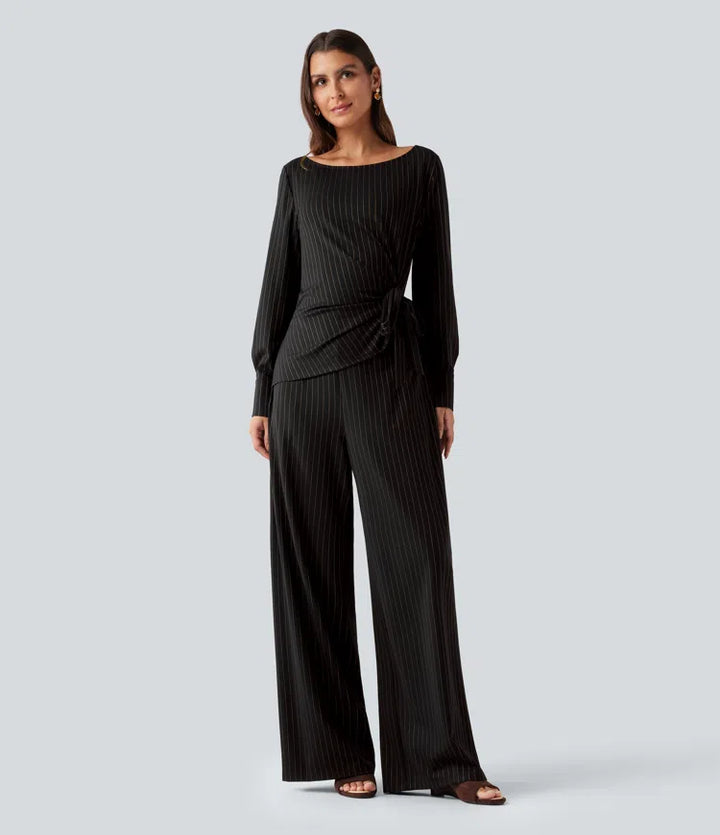 Boat Neck Long Sleeve Tie Side Cool Touch Stripe Work Jumpsuit with Pockets-Easy Peezy Edition