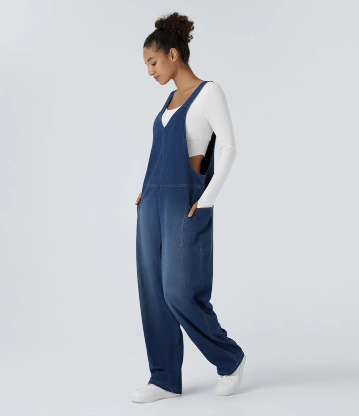 Halara Flex V Neck Pocket Washed Denim Casual Overalls
