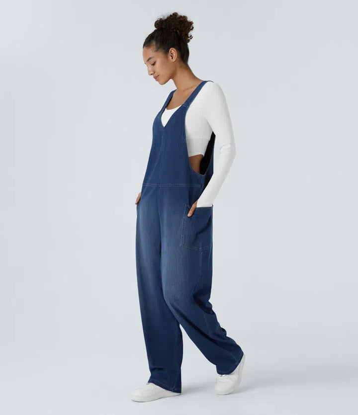 Halara Flex V Neck Pocket Washed Denim Casual Overalls