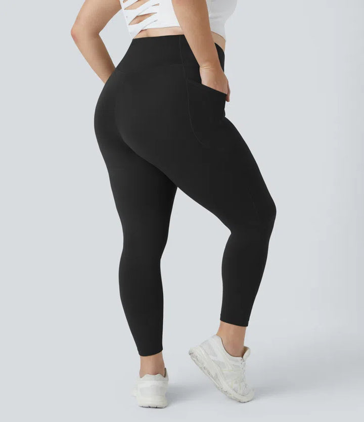 SoftlyZero High Waisted Crossover Pocket Plain Plus Size Full Length Leggings