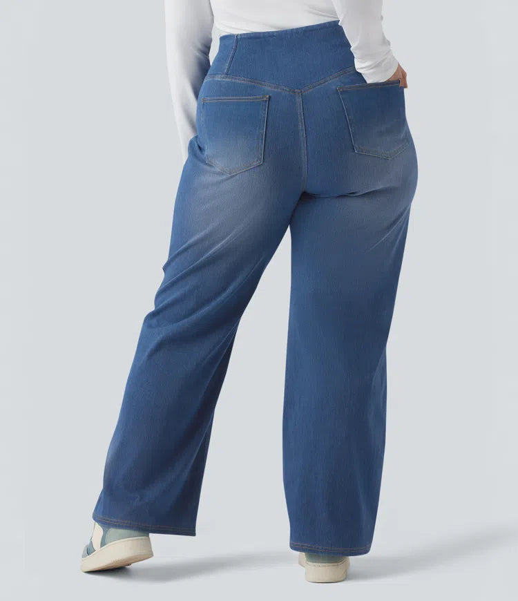 Halara Flex Crossover High Waisted Tummy Control Casual Straight Leg Plus Size Jeans with Pockets