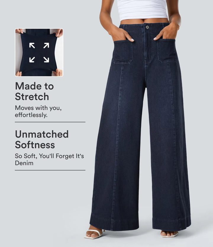 Halara Flex High Waisted Pockets Washed Casual Wide Leg Jeans