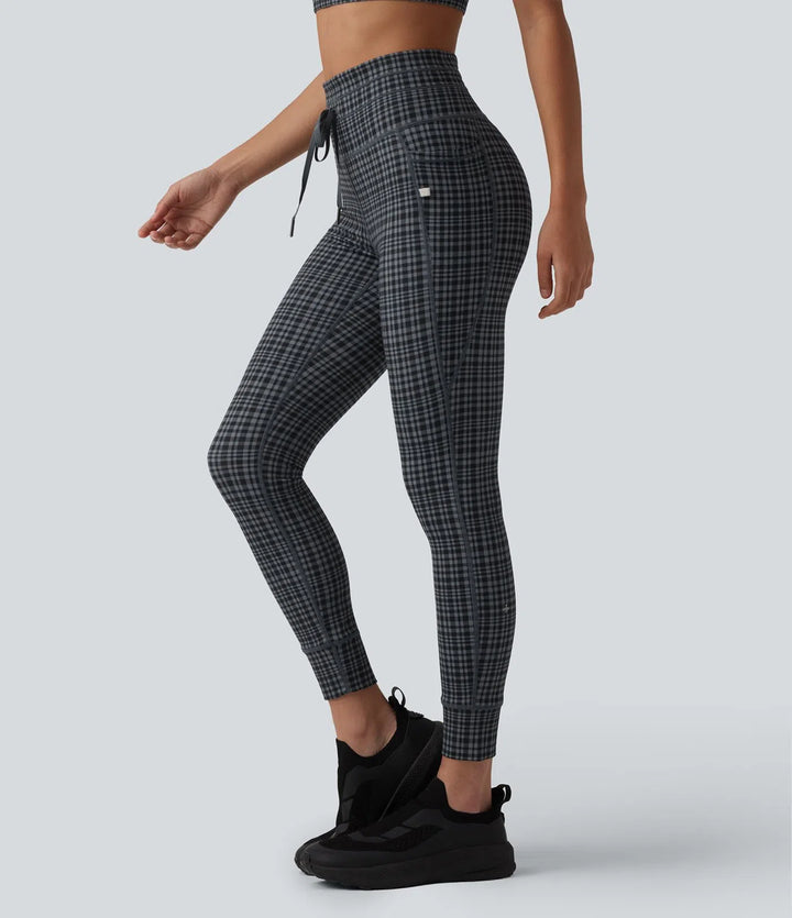 Halara UltraSculpt Check Plaid Print High Waisted Drawstring Yoga Leggings with Pockets