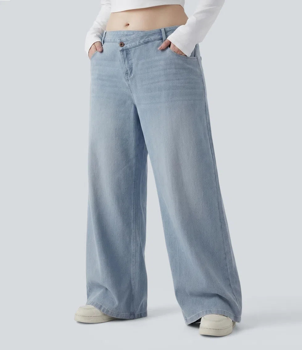Plus Size Halara Flex Asymmetric Low Rise Wide Leg Washed Casual Jeans with Pockets