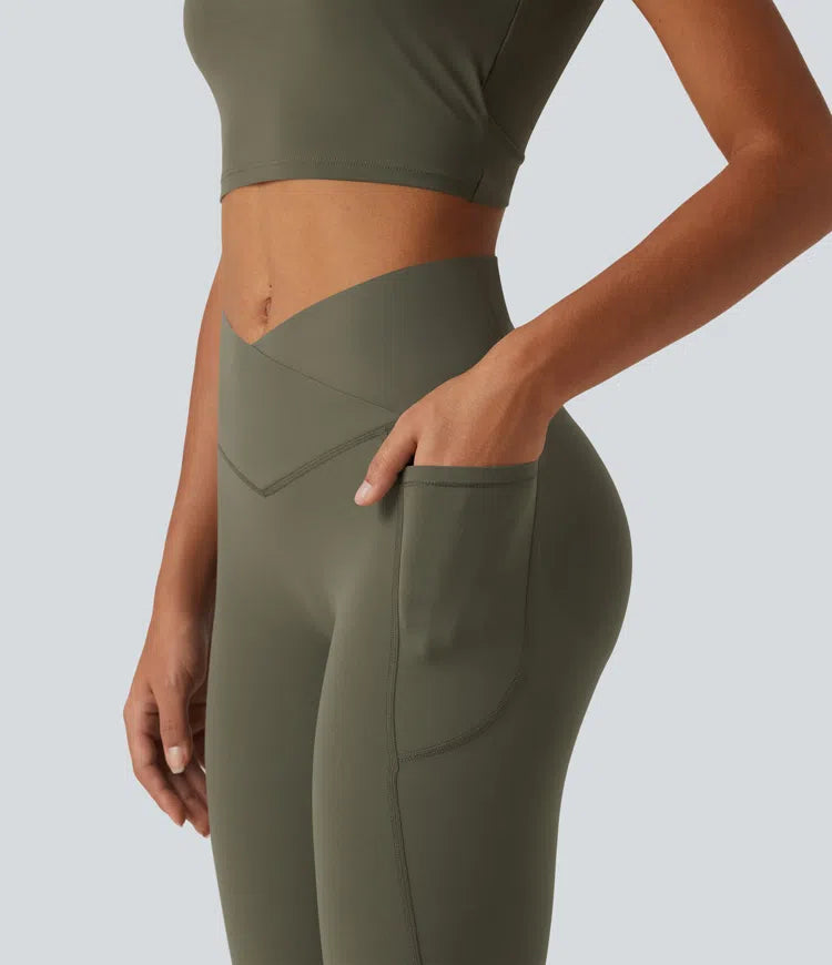 Halara UltraSculpt High Waisted Crossover Scrunch Butt Lifting Tummy Control Shaping Yoga Flare Leggings with Pockets