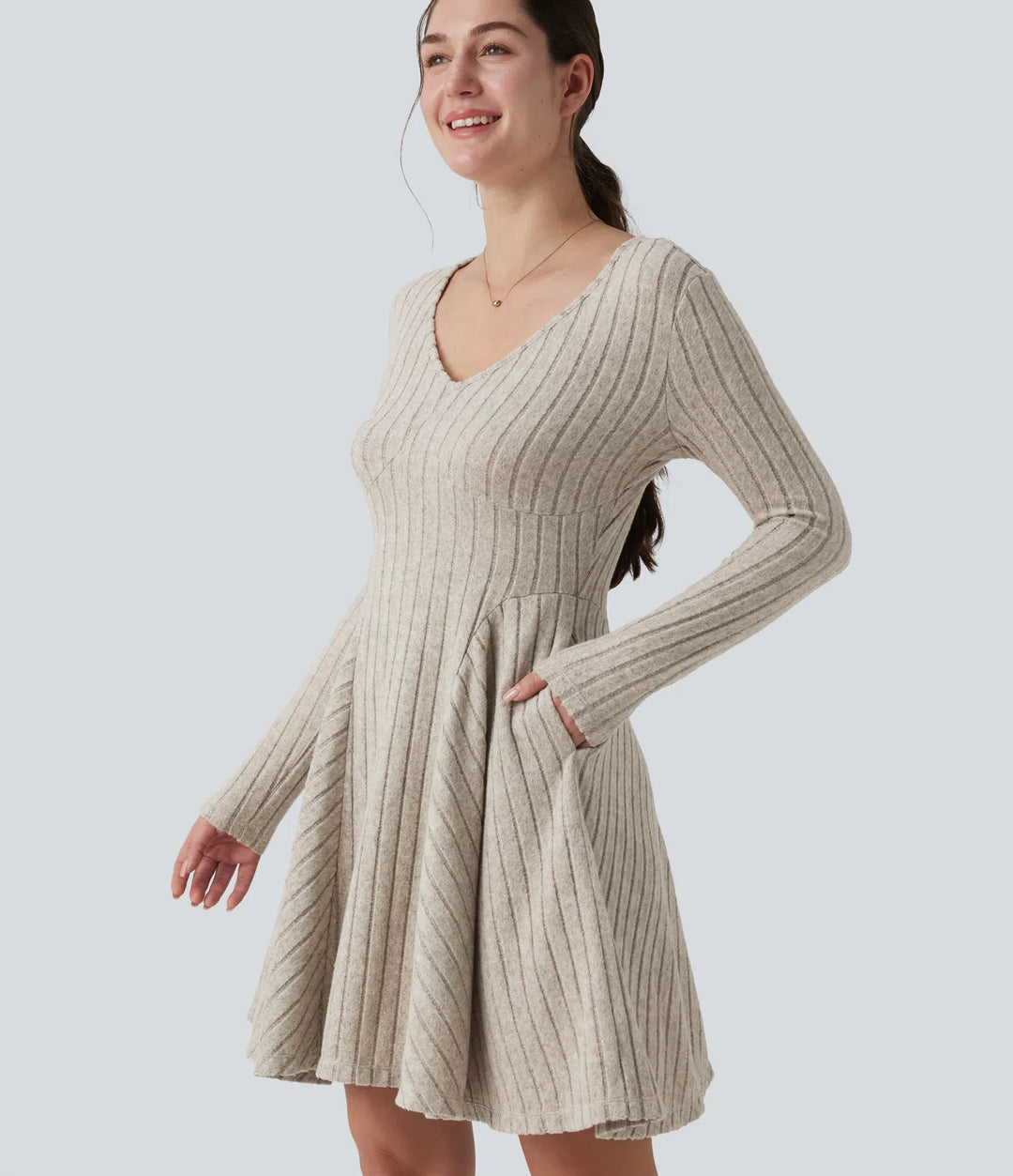 Ribbed Knit V Neck Long Sleeve Flare Mini Casual Dress with Pockets