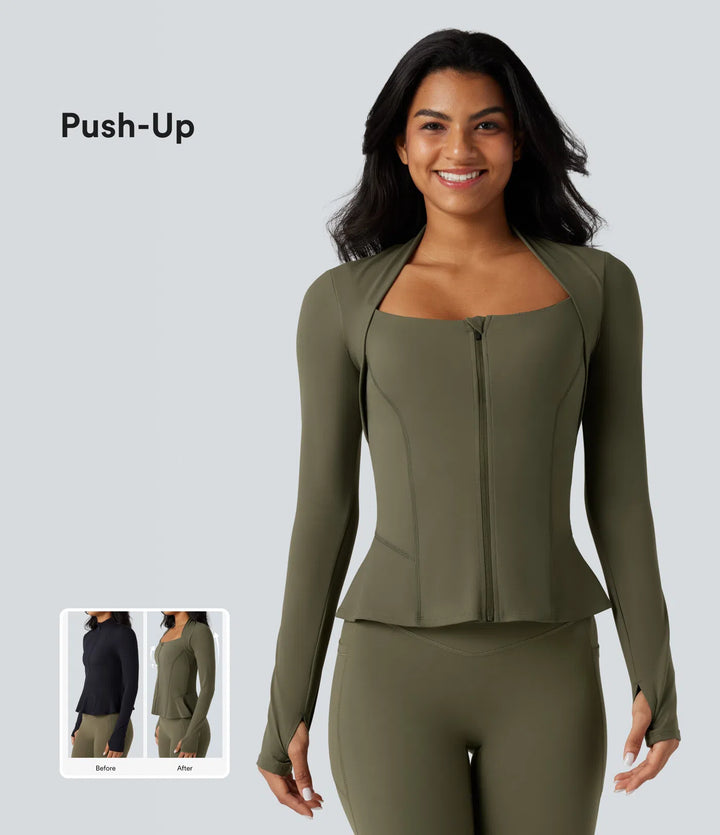 Halara UltraSculpt Push-Up Long Sleeve Thumb Hole Zipper Ruffle Hem Yoga Curvy Jacket