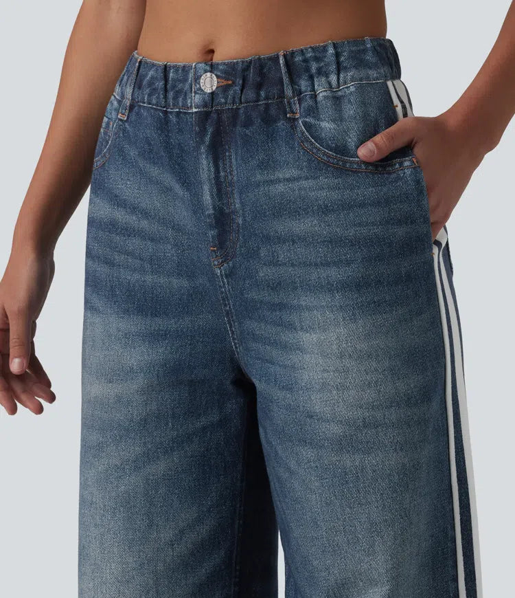 Mid Rise Denim Print French Terry Stripe Casual Sweatpants Jeans with Pockets
