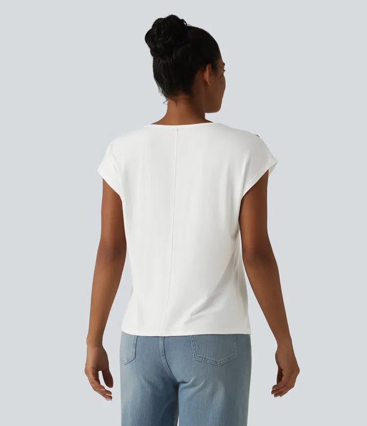 V Neck Decorative Button Cap Sleeve Relaxed Casual T-Shirt