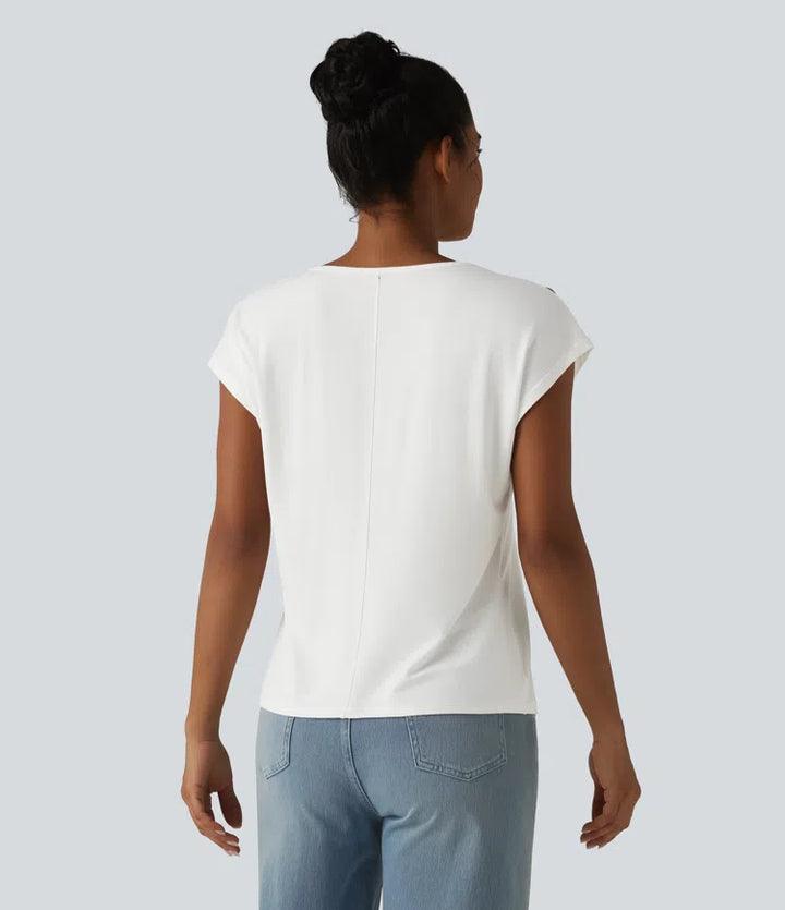 V Neck Decorative Button Cap Sleeve Relaxed Casual T-Shirt