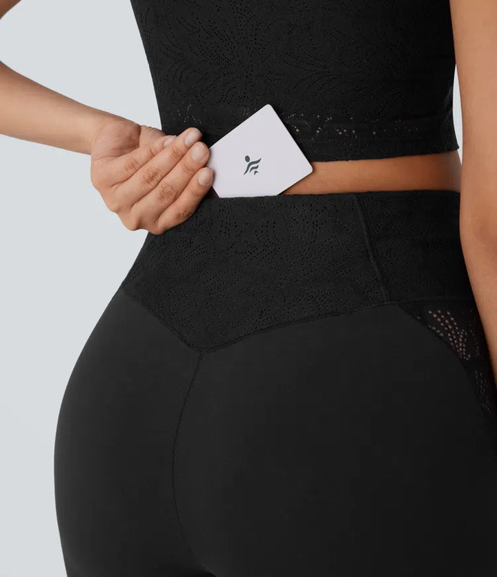 SoftlyZero High Waisted Crossover Pocket Contrast Lace Flare Yoga Leggings
