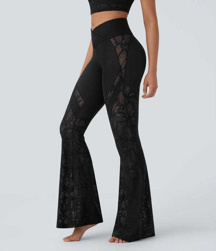 SoftlyZero High Waisted Crossover Pocket Contrast Lace Flare Yoga Leggings
