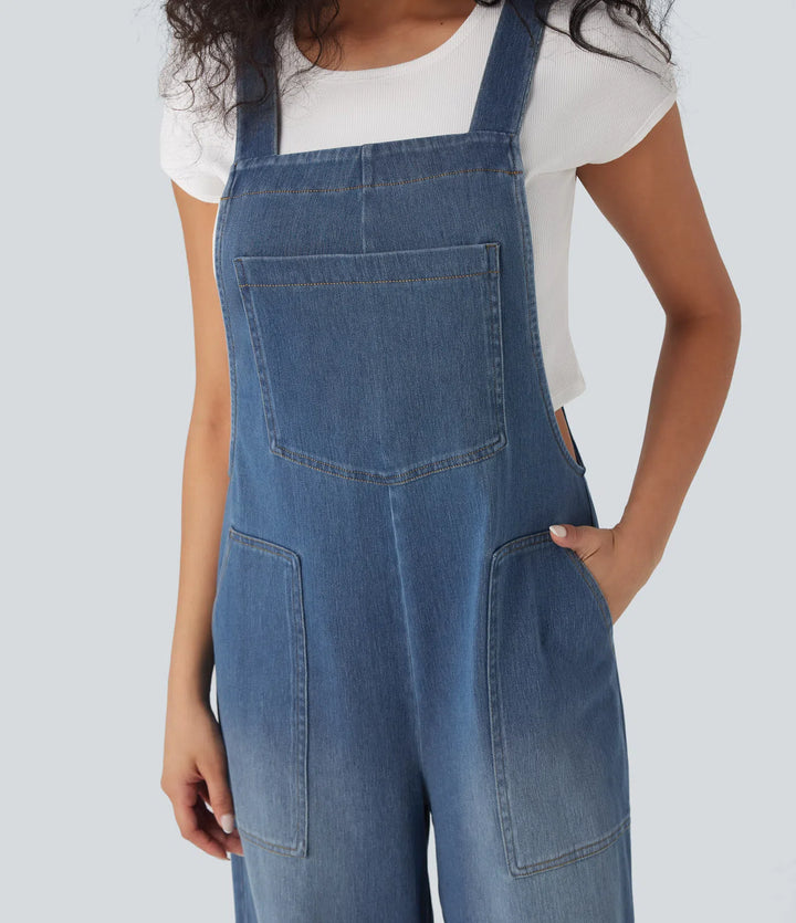 Halara Flex Square Neck Washed Denim Casual Overalls with Pockets