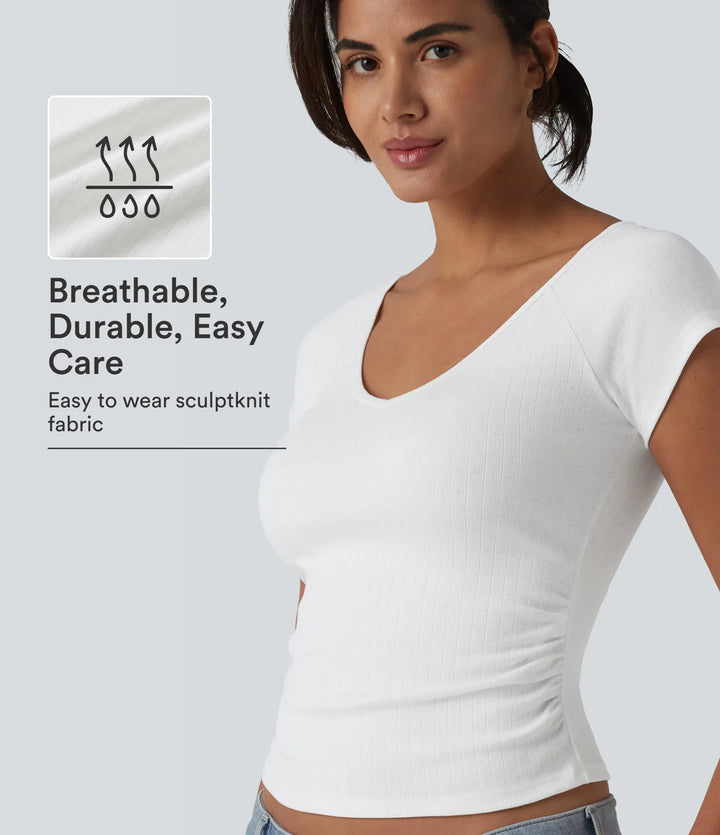 V Neck Short Sleeve Ruched Casual T-Shirt