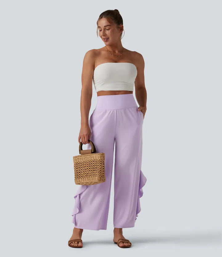 Breezeful High Waisted Ruffle Wide Leg Quick Dry Pants with Pockets