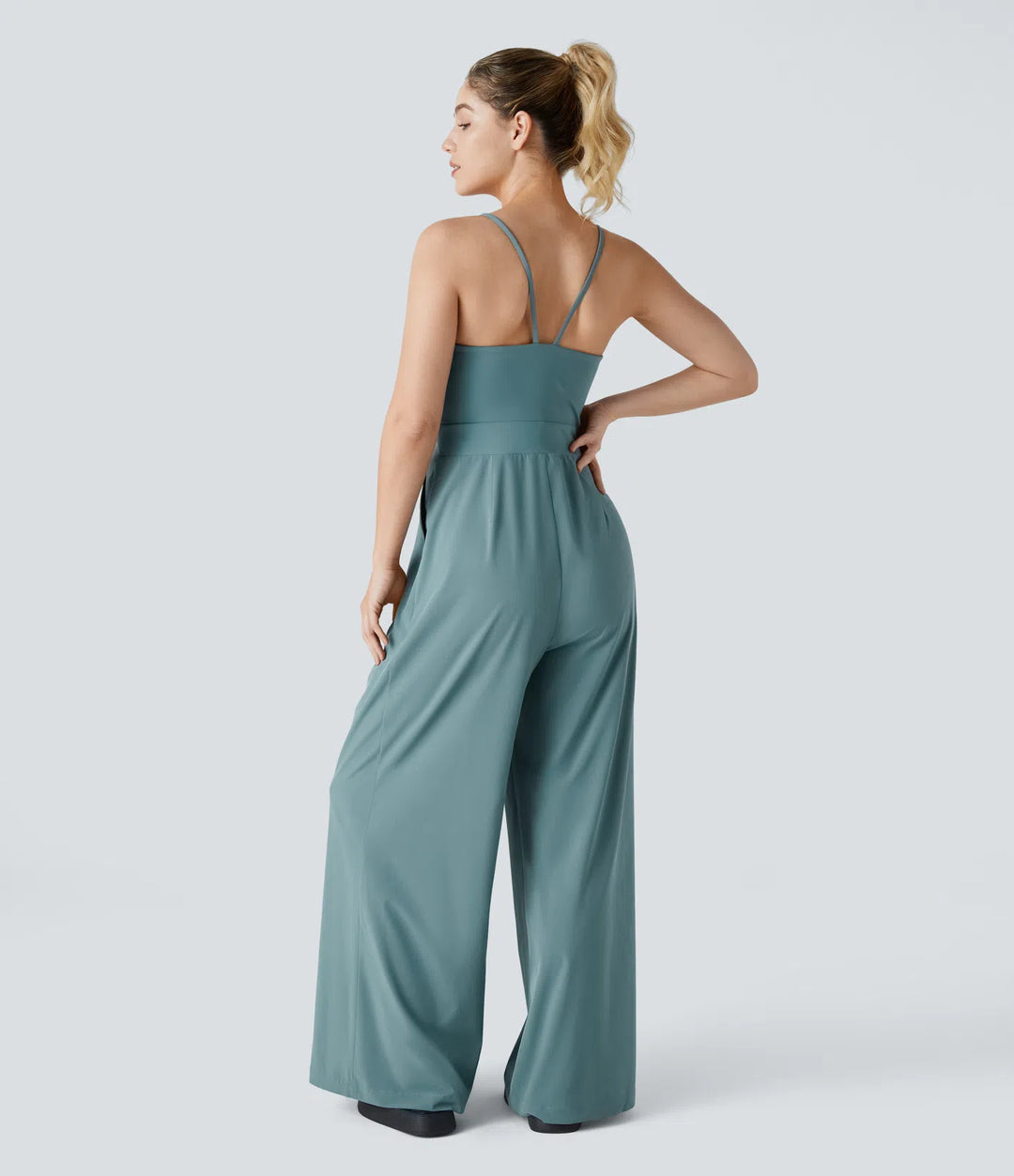 Breezeful Backless Side Invisible Zipper Pocket Wide Leg Quick Dry Resort Slip Jumpsuit