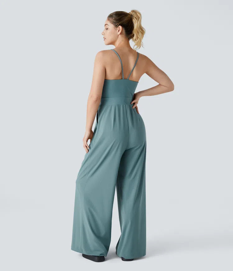 Breezeful Backless Side Invisible Zipper Pocket Wide Leg Quick Dry Resort Slip Jumpsuit
