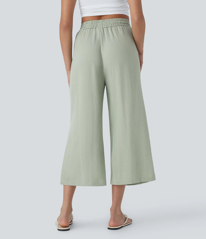 High Waisted Drawstring Wide Leg Cropped Casual Linen-Feel Pants with Pockets