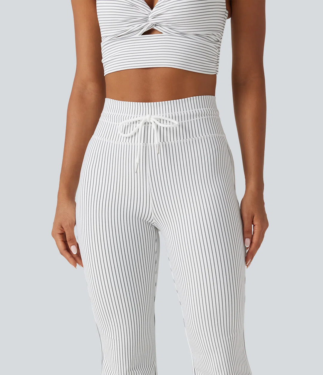High Waisted Drawstring Stripe Flare Yoga Pants with Pockets