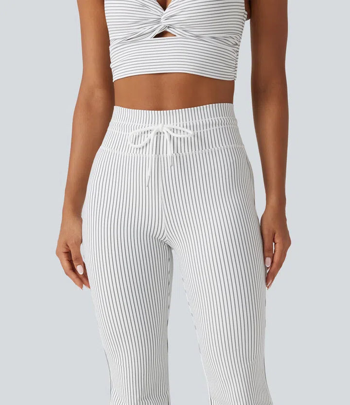 High Waisted Drawstring Stripe Flare Yoga Pants with Pockets