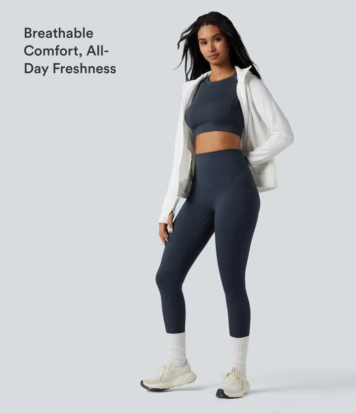 Halara Ultrasculpt Heat High Waisted Tummy Control Crossover Back Fleece Running Leggings with Pockets