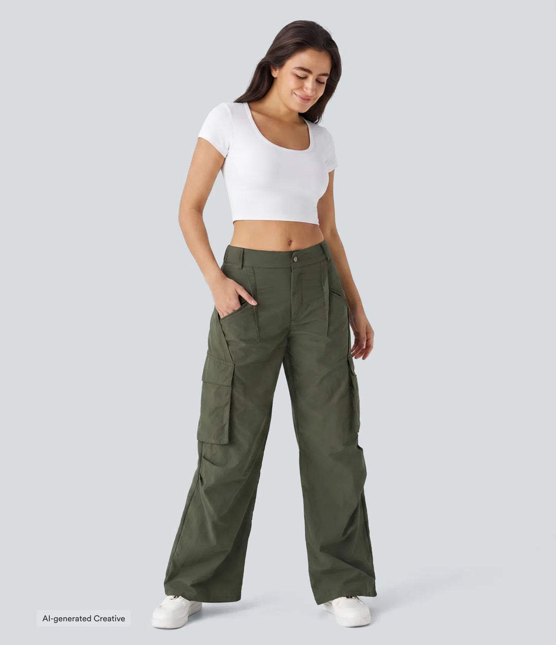 Mid Rise Button Zipper Side Pocket Wide Leg Baggy Casual Cargo Pants