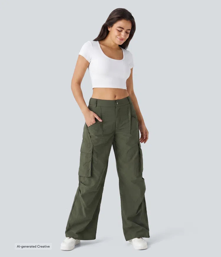 Mid Rise Button Zipper Side Pocket Wide Leg Baggy Casual Cargo Pants