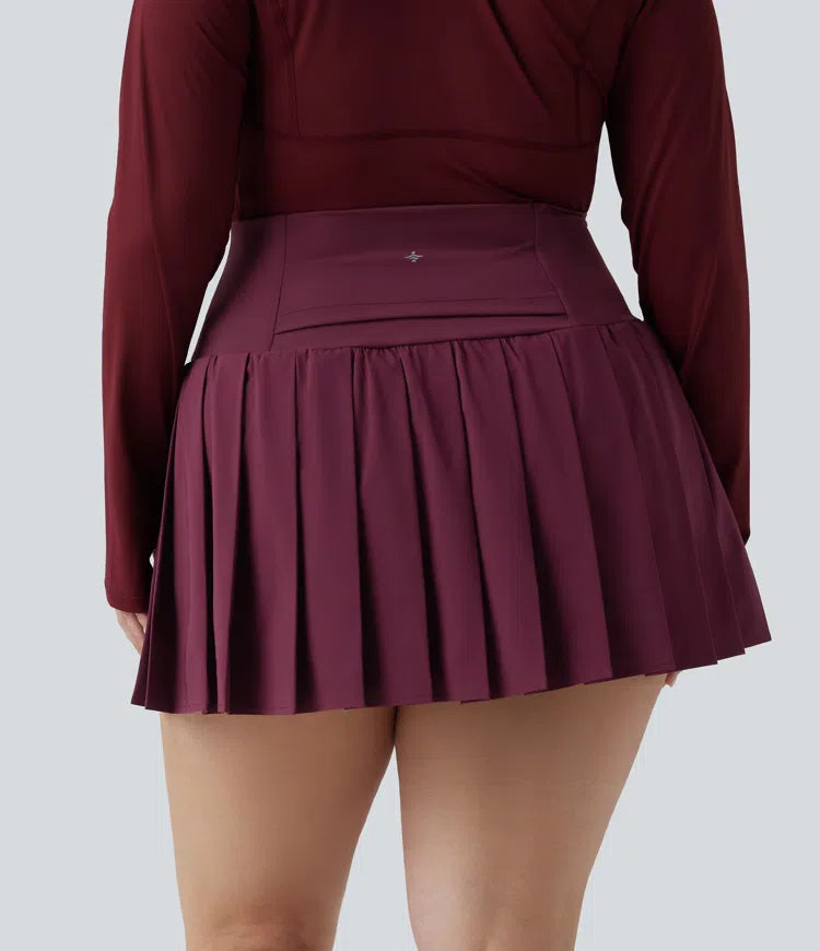 Plus Size Breezeful High Waisted Pleated 2-in-1 Asymmetric Hem Quick Dry Mini Yoga Skirt with Pockets