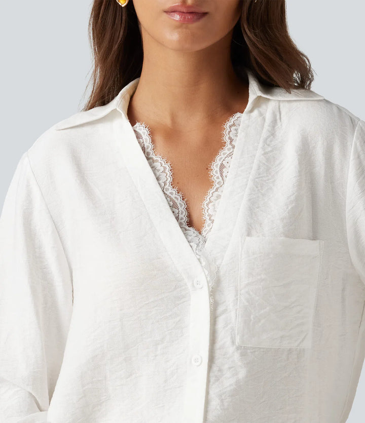 V Neck Contrast Lace Long Sleeve Work Shirt with Pocket