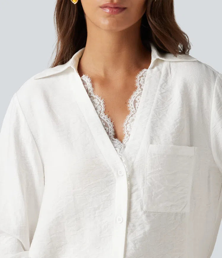 V Neck Contrast Lace Long Sleeve Work Shirt with Pocket