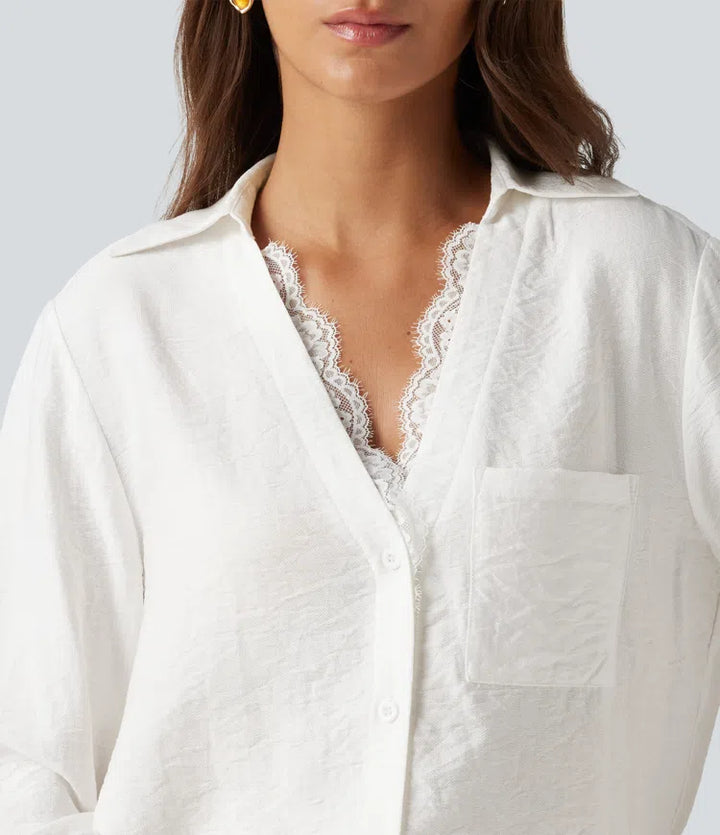 V Neck Contrast Lace Long Sleeve Work Shirt with Pocket
