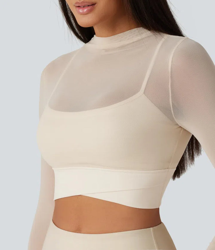 Mock Neck Long Sleeve Non-Removable Pad Mesh Cropped Yoga Sports Top