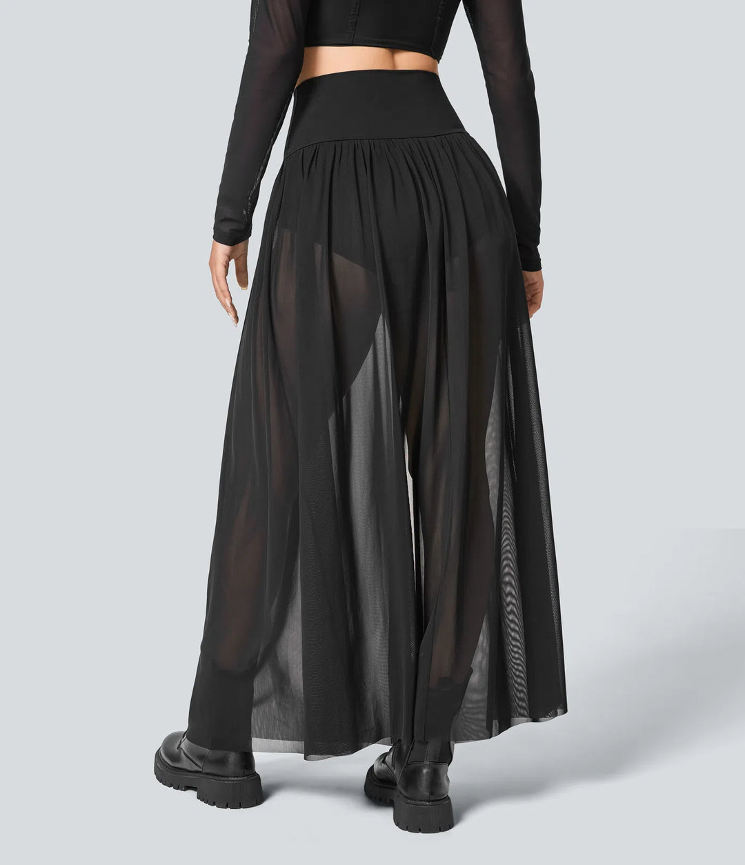 High Waisted 2-in-1 Mesh Flowy Maxi Casual Skirt