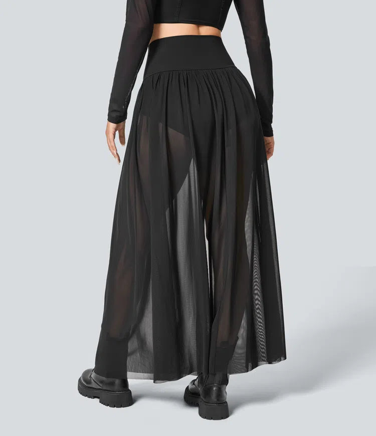 High Waisted 2-in-1 Mesh Flowy Maxi Casual Skirt