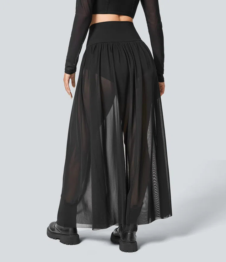 High Waisted 2-in-1 Mesh Flowy Maxi Casual Skirt