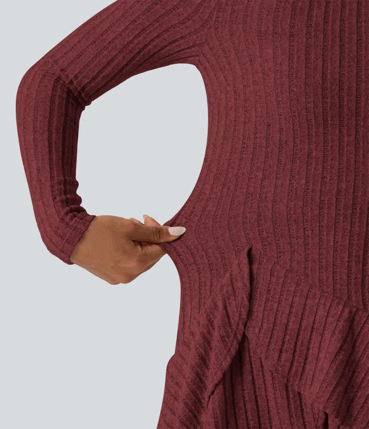 Ribbed Knit Round Neck Long Sleeve Layered Ruffle Hem Mini Casual Dress