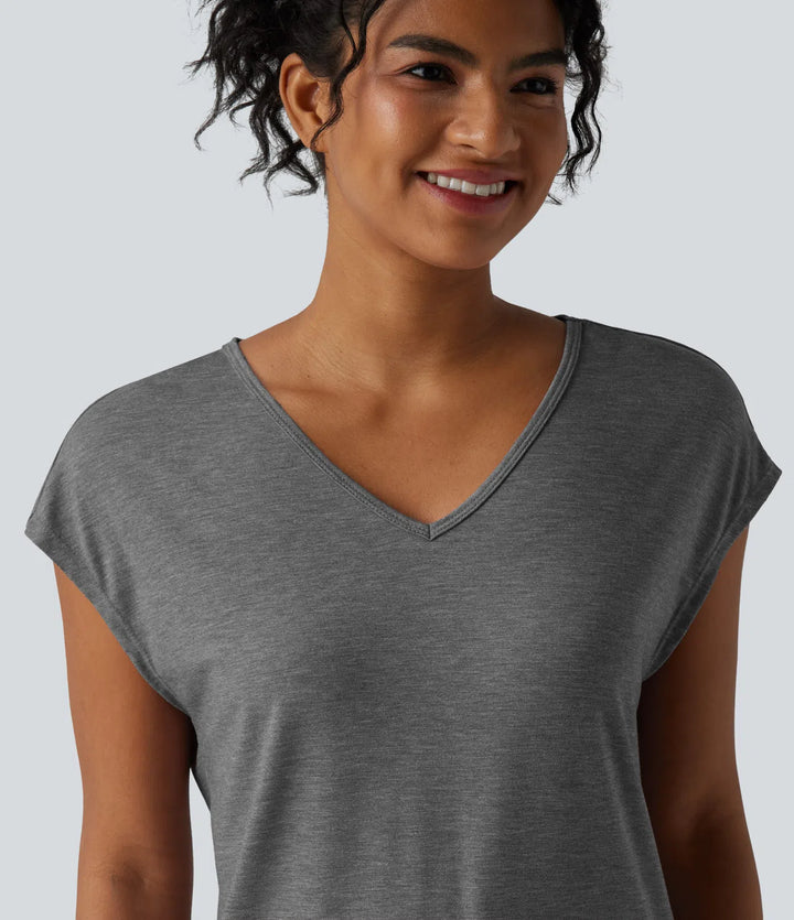 V Neck Short Sleeve Relaxed Heathered Casual T-Shirt
