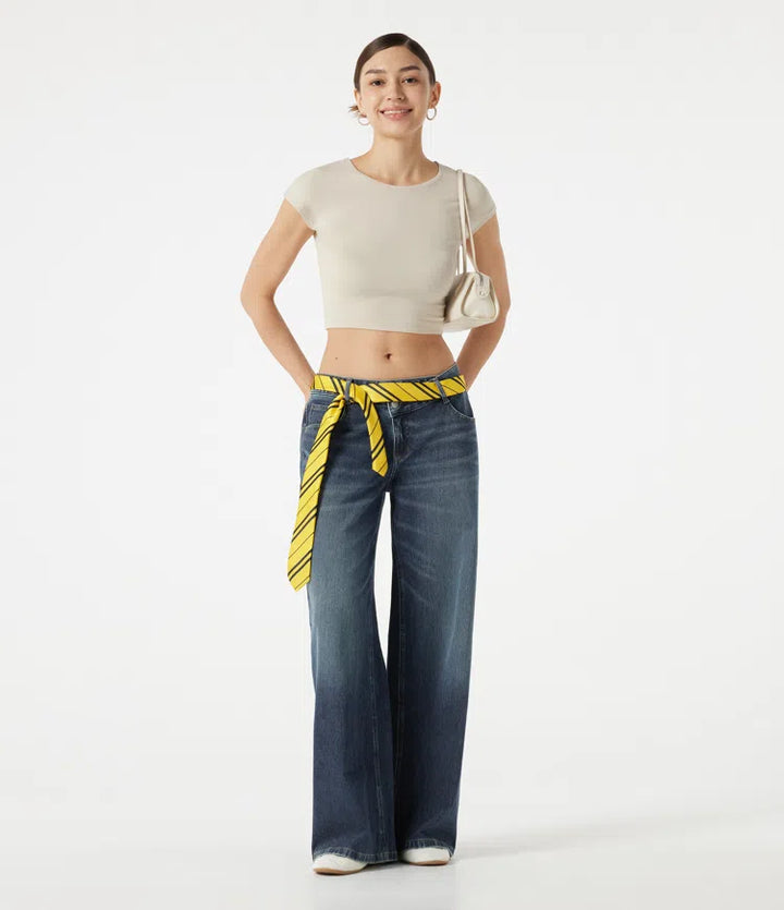 Halara Flex Asymmetric Low Rise Baggy Washed Casual Jeans with Pockets
