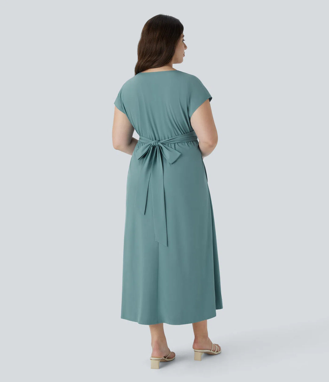Breezeful V Neck Short Sleeve Pocket Tie Back Quick Dry Midi Casual Plus Size Dress