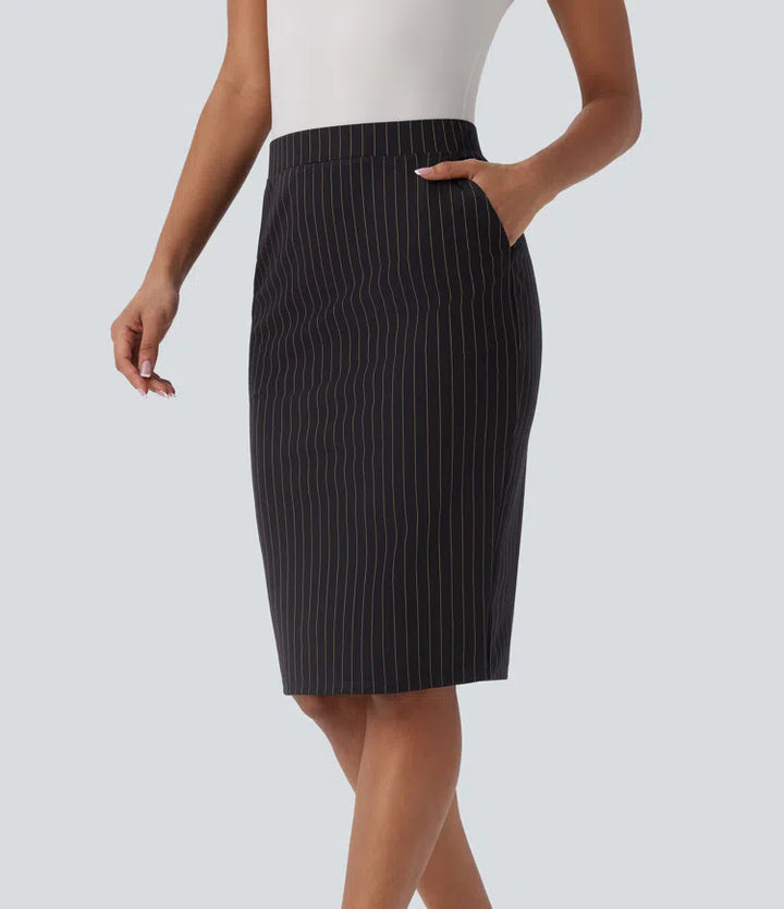 High Waisted Pocket Hem InstantCool Stripe Bodycon Work Skirt