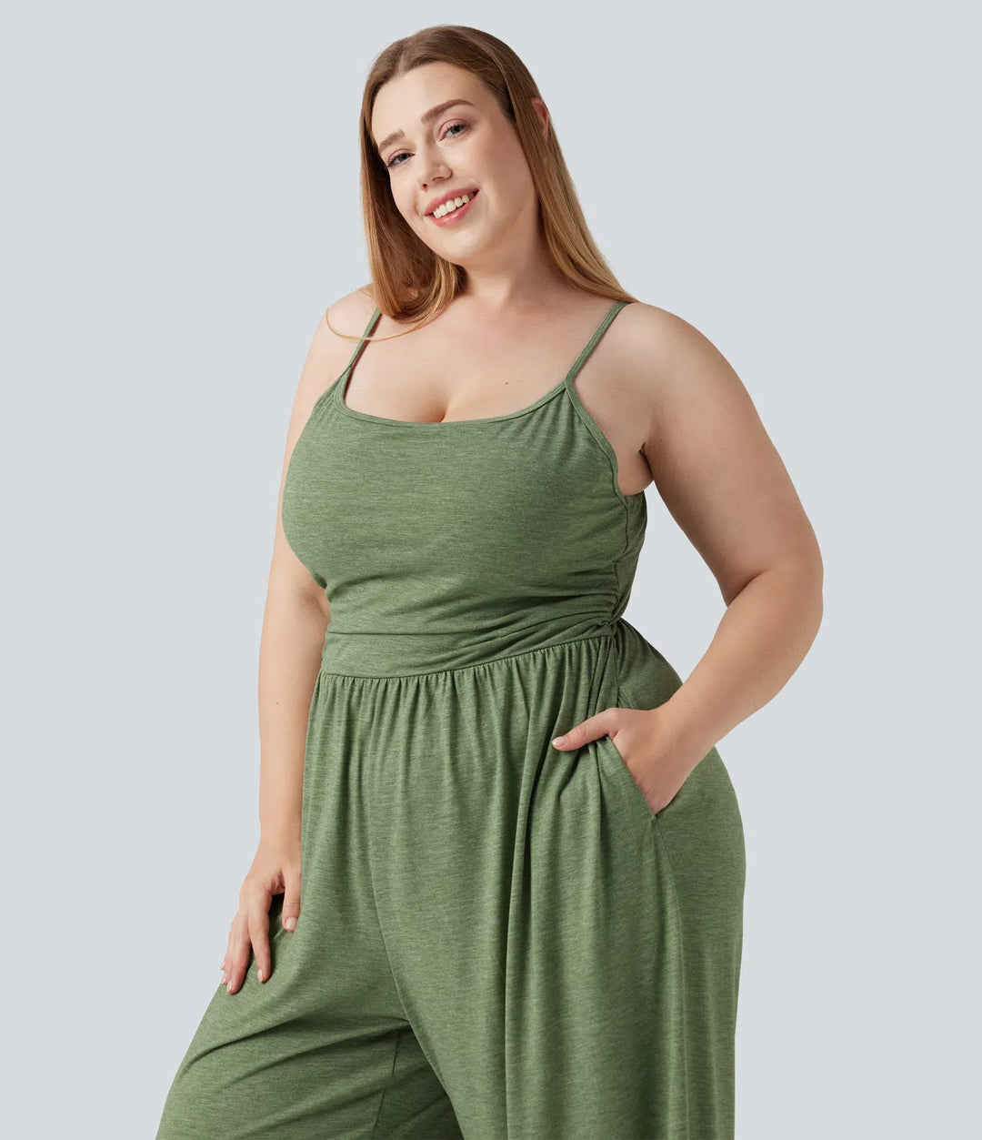 Plus Size Built-in Bra Ruched Wide Leg Heathered Casual Jumpsuit with Pockets-Easy Peezy Edition