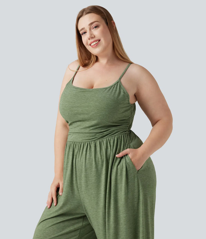 Plus Size Built-in Bra Ruched Wide Leg Heathered Casual Jumpsuit with Pockets-Easy Peezy Edition
