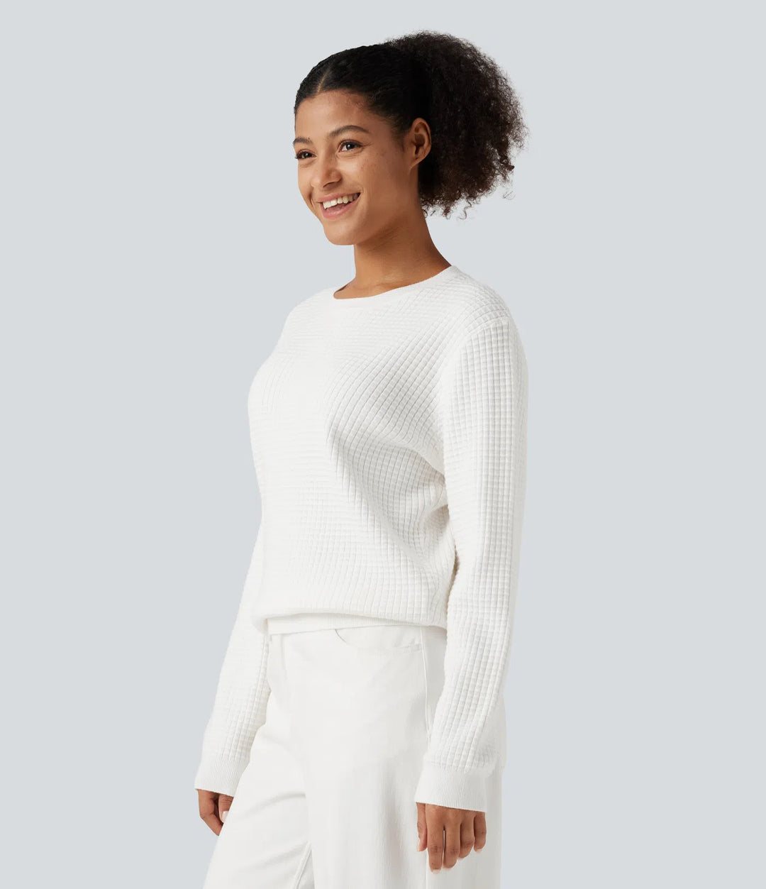 Round Neck Long Sleeve Waffle Casual Sweater