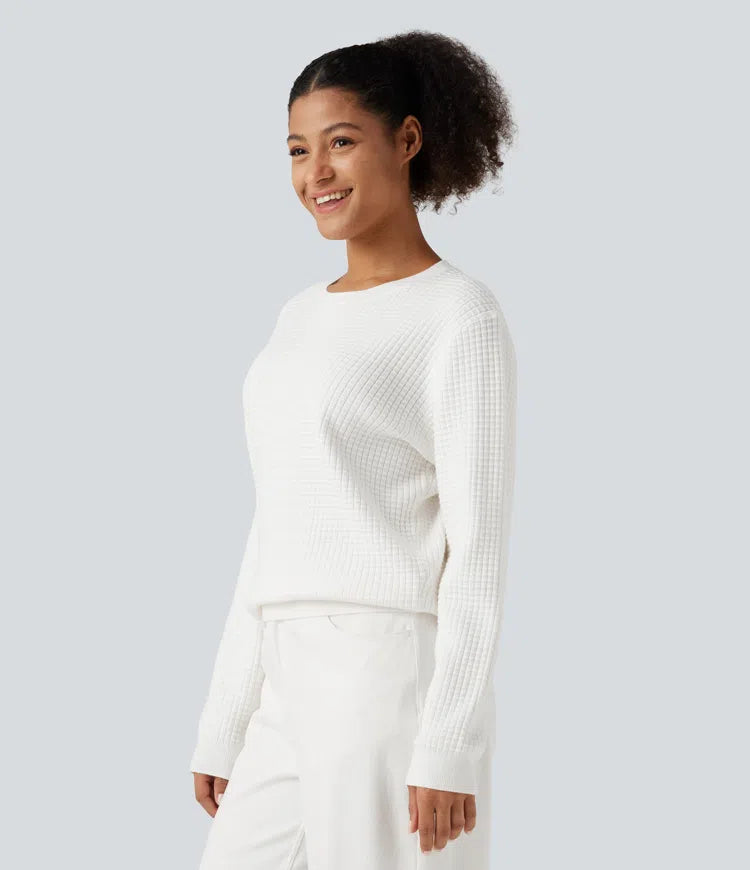 Round Neck Long Sleeve Waffle Casual Sweater